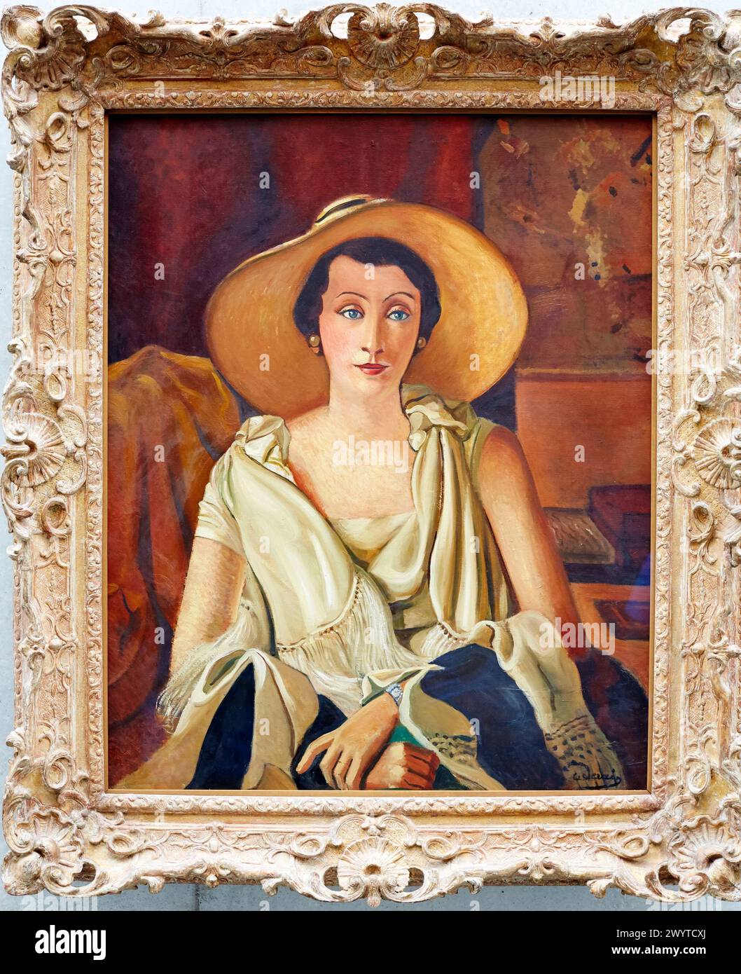 Portrait of Madame Paul Guillaume with a large hat, c.1928-29 (oil on canvas), Andre Derain, (1880-1954) , Musee de L'Orangerie, Tuileries, Paris, France. Stock Photo
