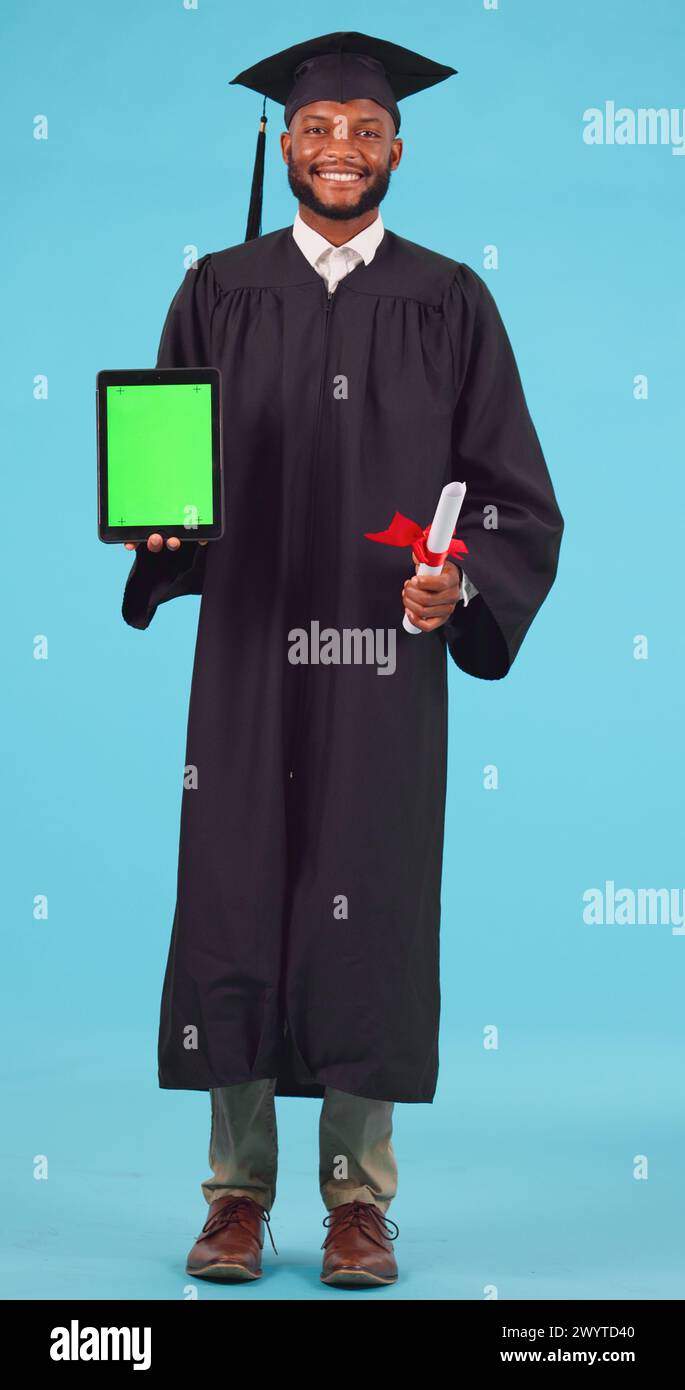 Education, graduation and green screen on a tablet with a student black ...