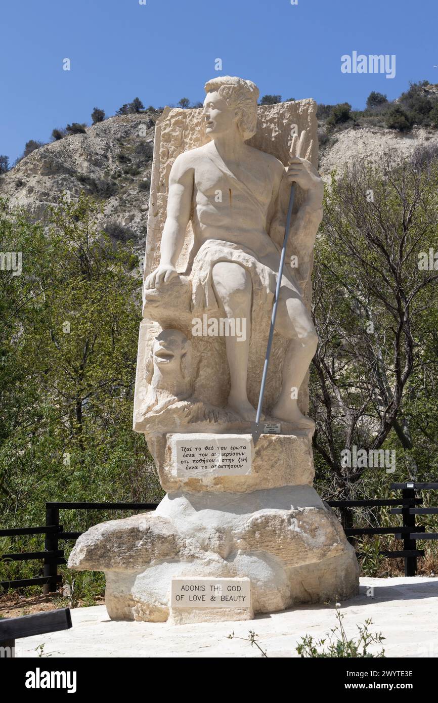 ANeo Chorio, Cyprus. 01 April 2024: grand statue of Adonis, ancient Greek god of beauty, poised in Cyprus valleys at Adonis Baths. Stock Photo