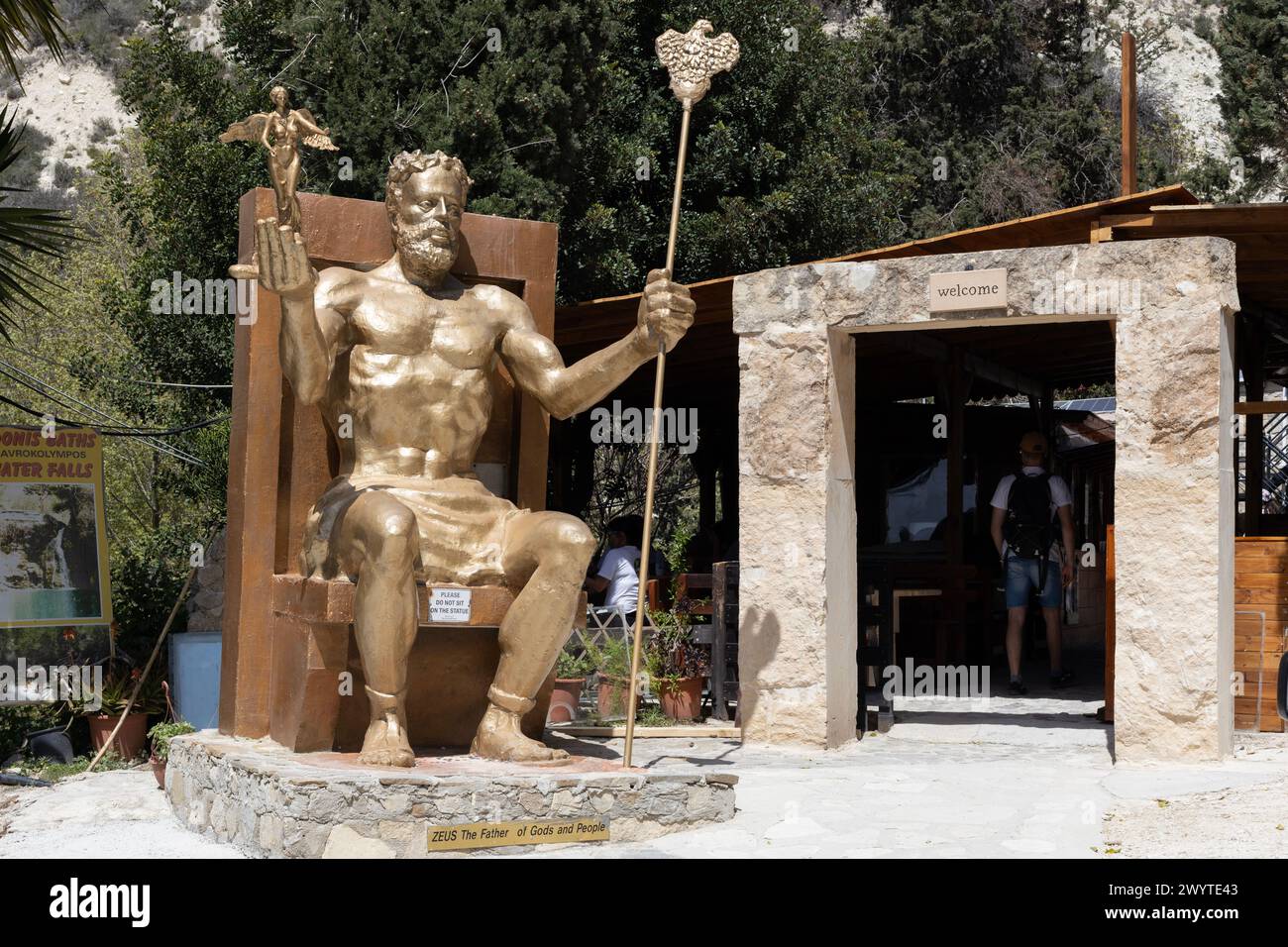 Neo Chorio, Cyprus. 01 April 2024: Zeus Statue at Adonis Baths Entrance in Cyprus Stock Photo