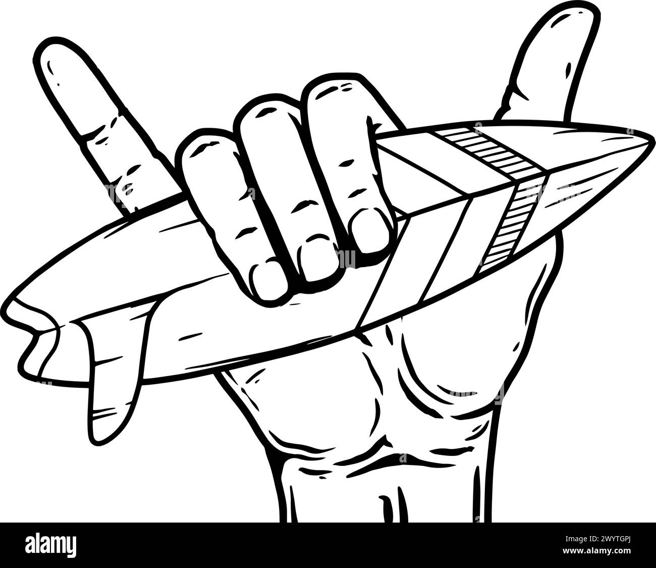 Shaka hand sign. Surfers hand with surfing board. Vector illustration Stock Vector