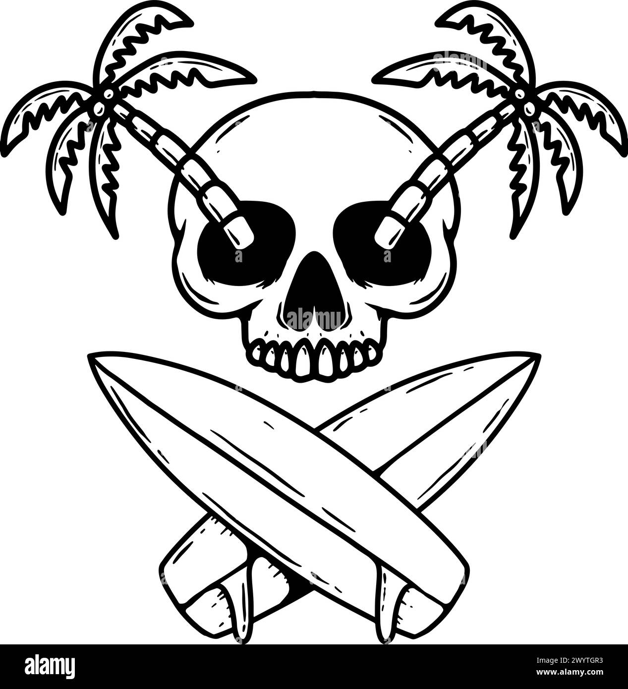Skull with crossed surfers boards. Vector illustration Stock Vector