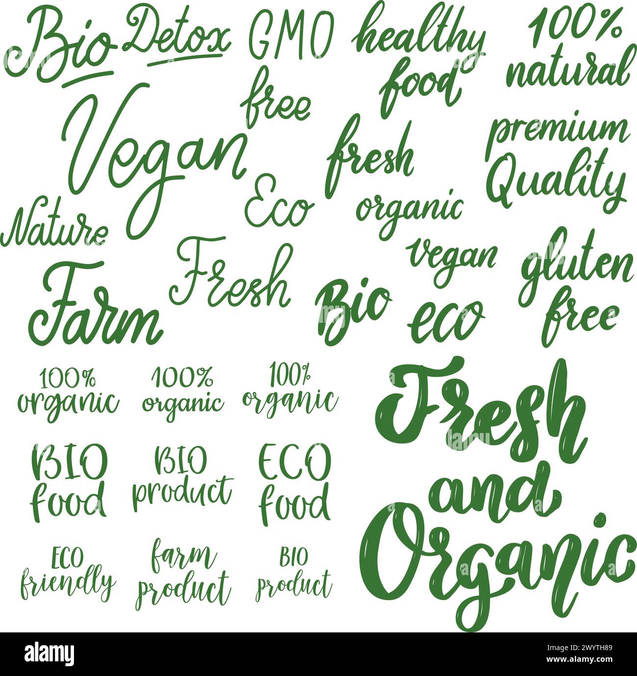 Organic Sign Lettering Set of hand drawn lettering with organic food, eco food, fresh, natural ...