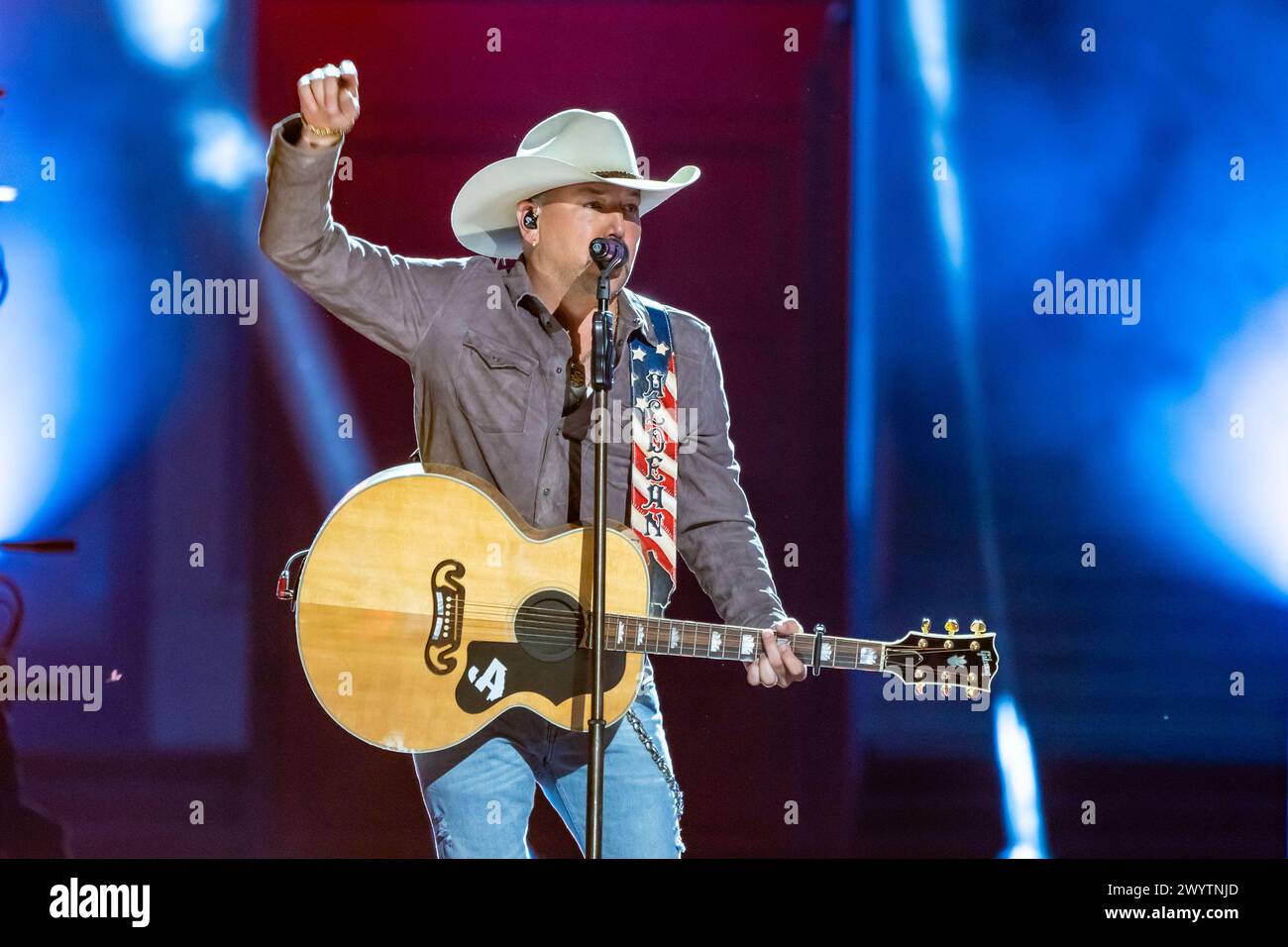 AUSTIN, TEXAS - APRIL 07: In this image released on April 07, 2024, Jason Aldean performs on the 2024 CMT Music Awards stage on April 3, 2024, at the University of Texas at Austin in Austin, Texas.  (Photo by Amy Price/ImageSPACE) Stock Photo