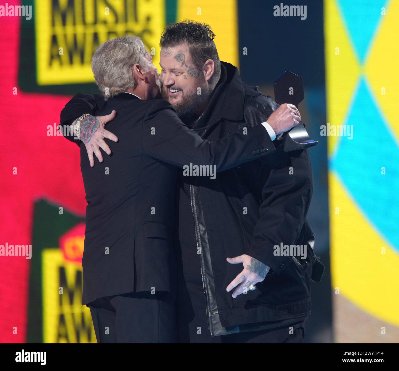 Billy Bob Thornton presentes and Jelly Roll accepts the Video of the Year Award for “Need A Favor” onstage during the 2024 CMT Music Awards at Moody Center on April 07, 2024 in Austin, Texas. Photo: Amy E. Price/imageSPACE Stock Photo