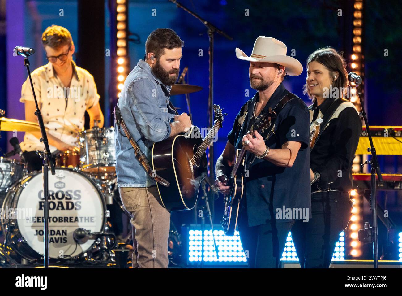 AUSTIN, TEXAS - APRIL 07: In this image released on April 07, 2024, Jordan Davis and Bear Rinehart of NEEDTOBREATHE perform at CMT Crossroads at the University of Texas at Austin on April 5, 2024, aired as part of the CMT Music Awards on April 7, 2024, in Austin, Texas.  (Photo by Amy E. Price/ImageSPACE) Stock Photo