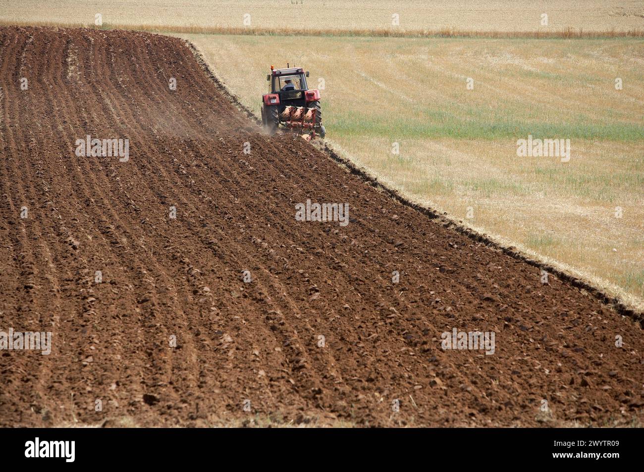 Tractor with mouldboard plough, grain fields, Oco, near Estella, Navarra, Spain. Stock Photo