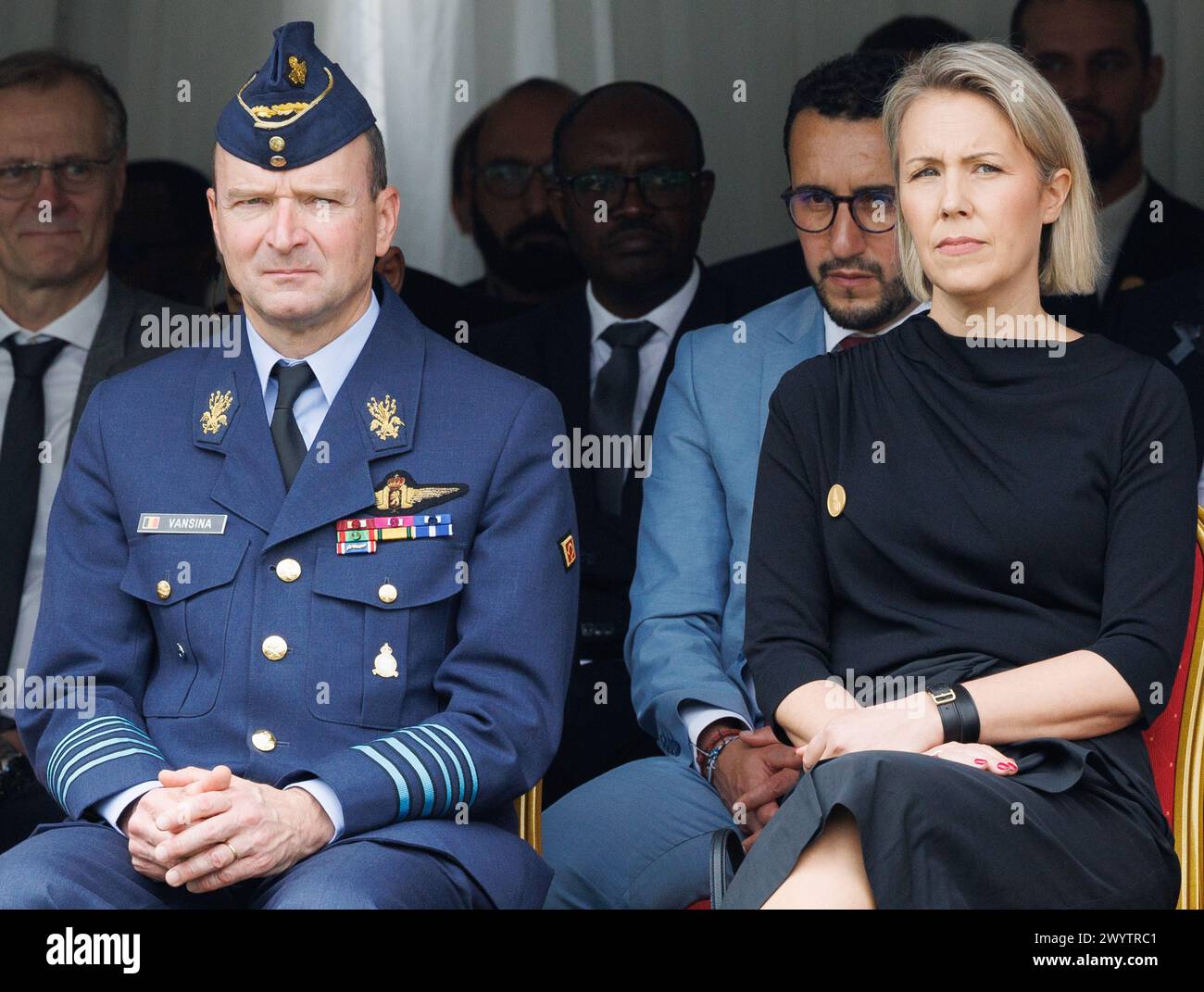 Kigali, Rwanda. 08th Apr, 2024. Designated CHOD (Chief of Defence Frederik Vansina, Defence minister Dedonder's Chef of Cabinet Jamil Araoud and Defence minister Ludivine Dedonder pictured during a commemoration ceremony at Camp Kigali, the Belgian Peacekeepers Memorial in Kigali, Rwanda, Monday 08 April 2024. Belgian ministers and representatives of the families attend the commemoration of the 30th anniversary of the genocide against the Tutsi and the assassination of ten Belgian paratroopers. BELGA PHOTO BENOIT DOPPAGNE Credit: Belga News Agency/Alamy Live News Stock Photo