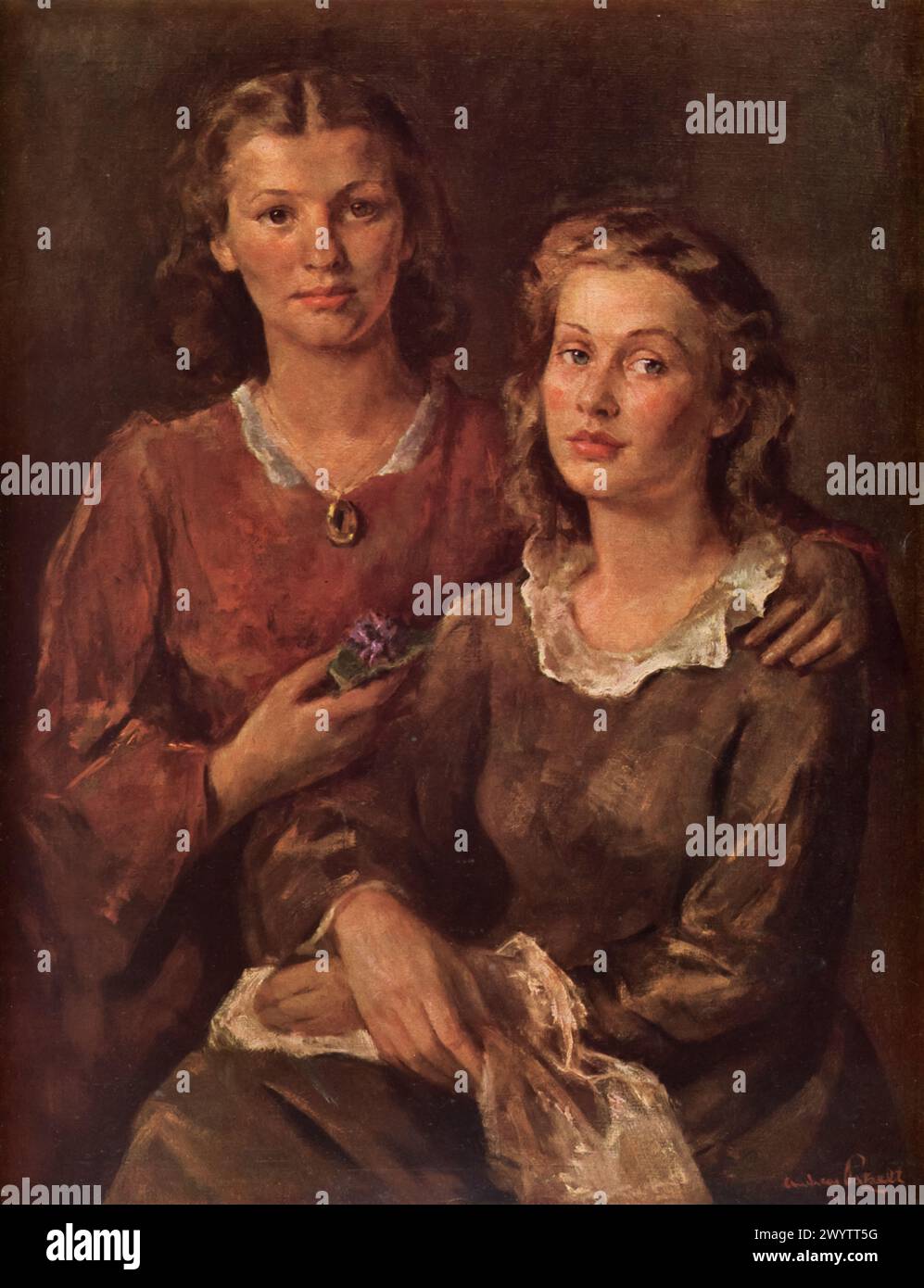 A portrait titled 'Sisters' by Andreas Patzelt, circa 1945. This artwork served as Nazi propaganda during the Second World War, depicting two females that embody the Nazi ideals of the Aryan race: beauty, youth, purity, and fertility. Stock Photo