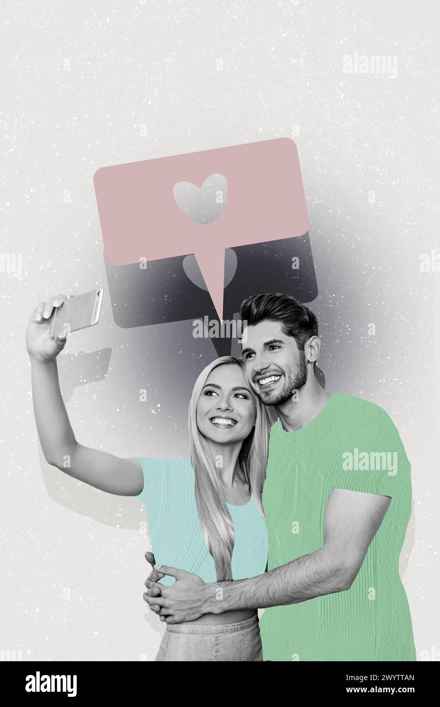 Vertical photo collage young couple take photo selfie internet social ...