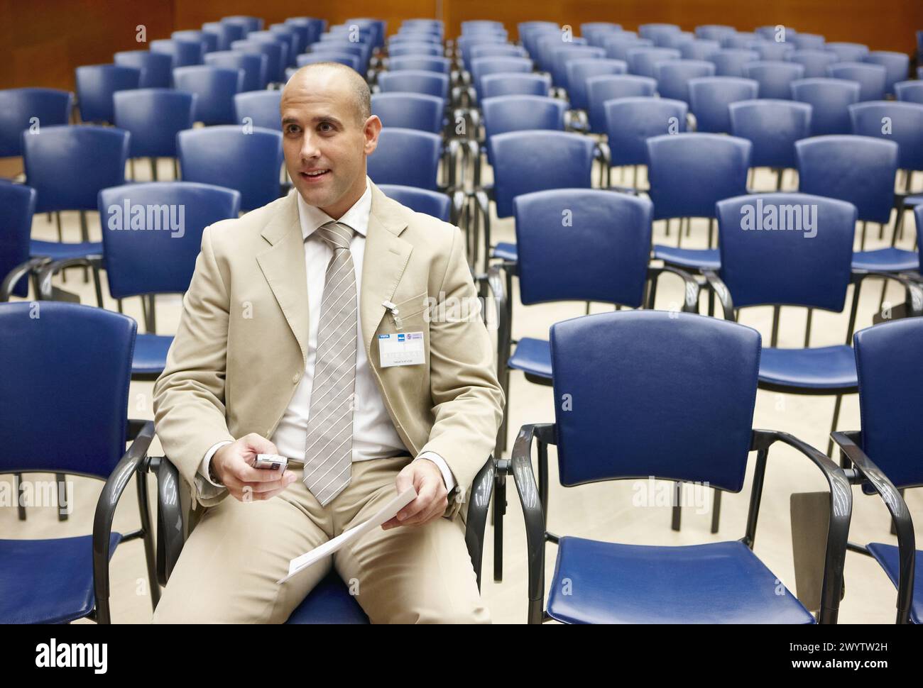 Conventioneer in lecture hall, convention center, Kursaal Center. San Sebastian, Guipuzcoa, Basque Country, Spain. Stock Photo