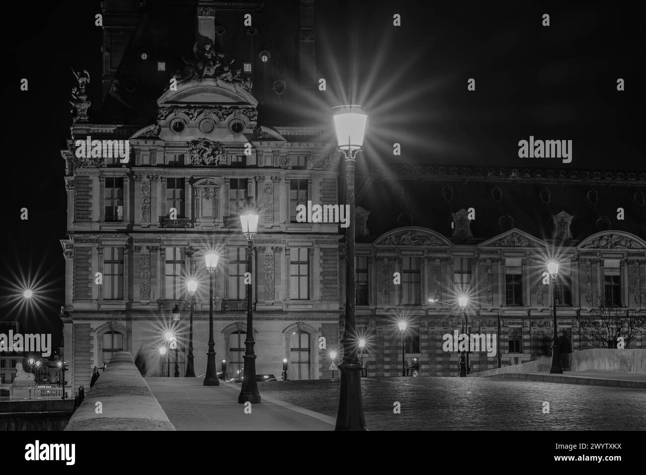 Paris, France February 17, 2024 View of the illuminated Pont Royal