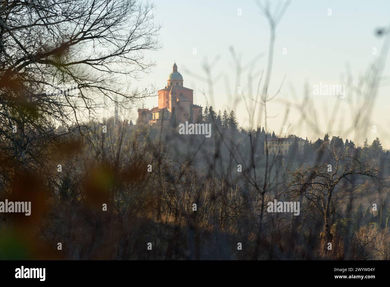Evening view of ancient sanctuary of the Madonna di San Luca through the branches of the trees. Bologna, Emilia-Romagna, Italy Stock Photo