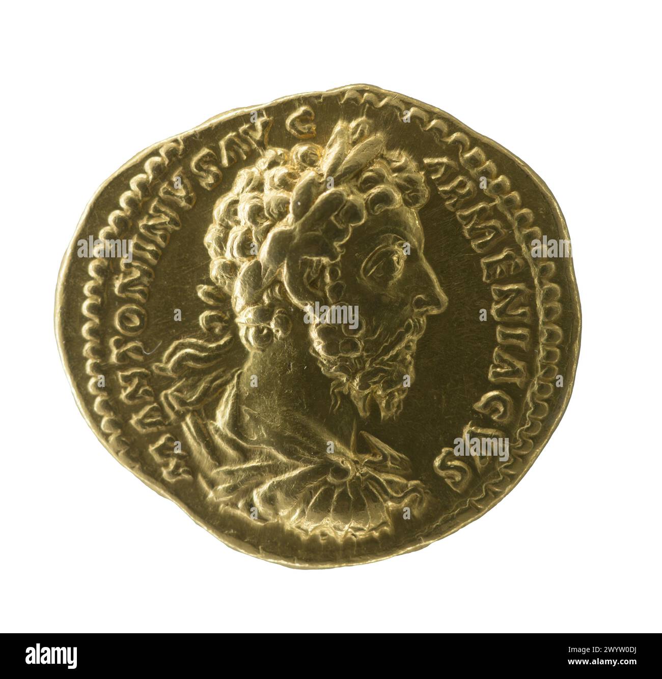 Marcus Aurelius Antoninus, Roman emperor and a Stoic philosopher. Aureus with the profile of the emperor Stock Photo