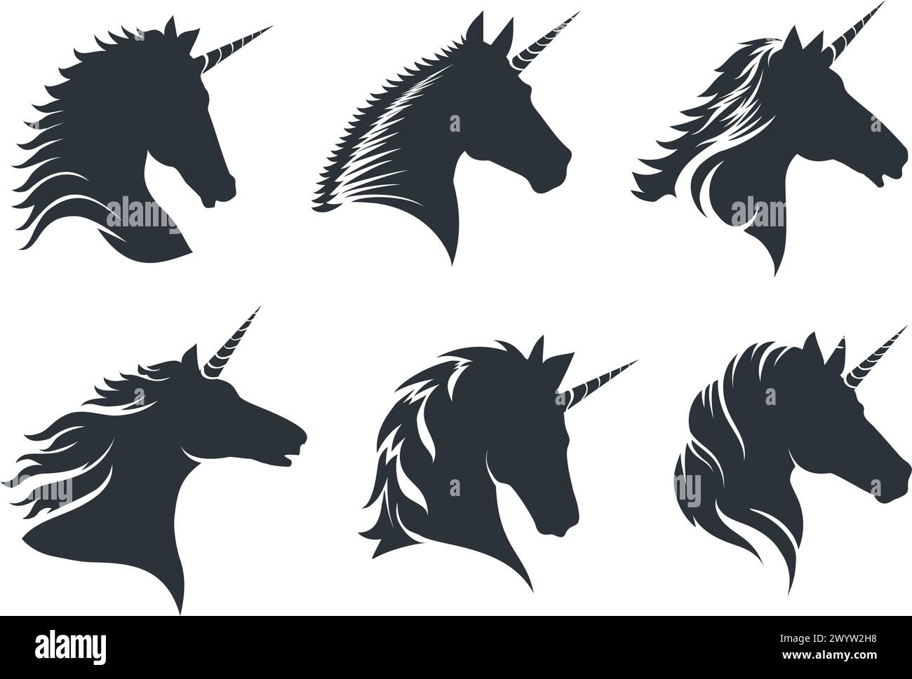 Unicorn head black icons Stock Vector