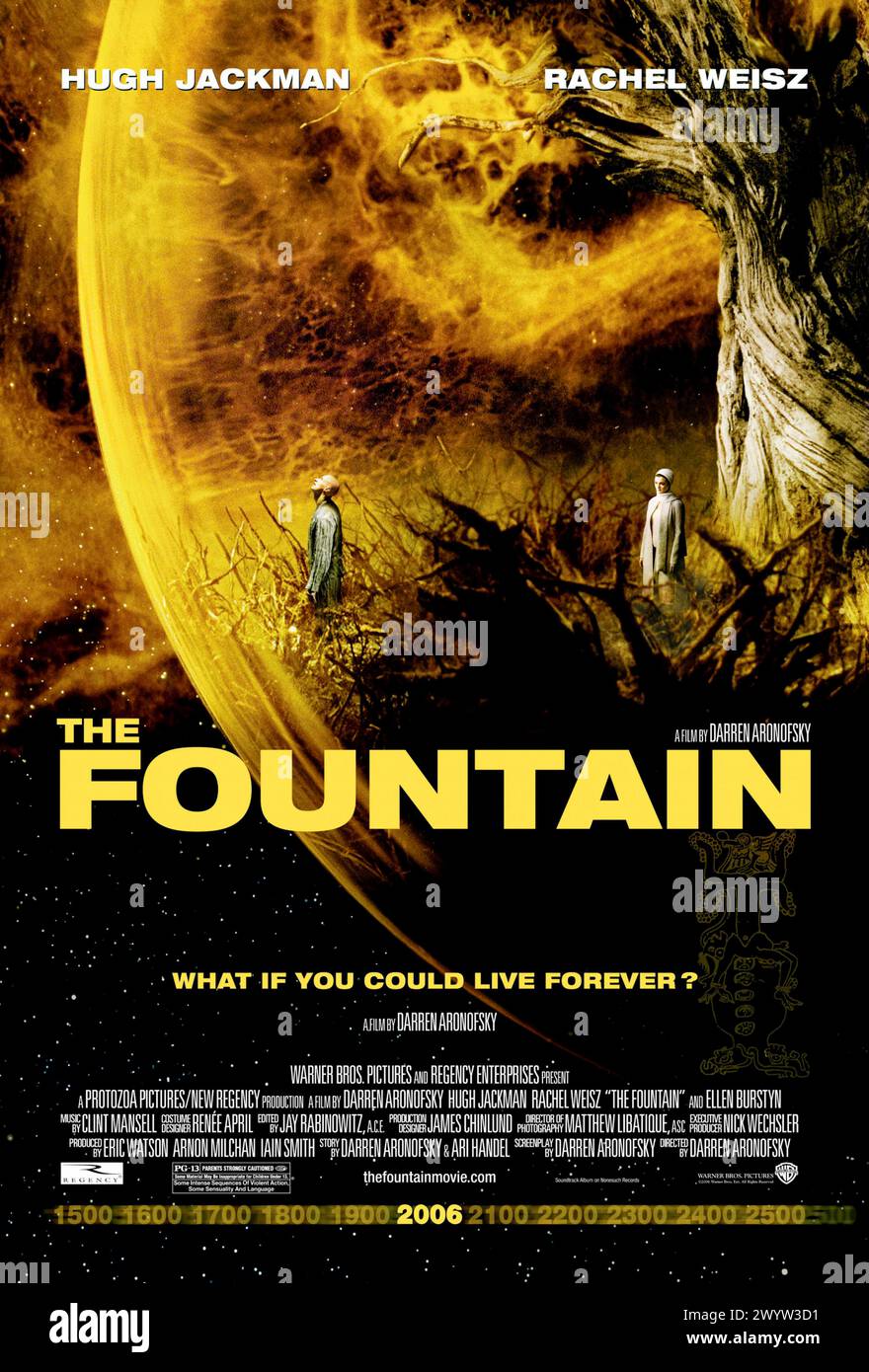 The Fountain (2006) directed by Darren Aronofsky and starring Hugh Jackman, Rachel Weisz and Sean Patrick Thomas. Three stories - one each from the past, present, and future - about men in pursuit of eternity with their love. US one sheet poster.***EDITORIAL USE ONLY*** Credit: BFA / Warner Bros Stock Photo