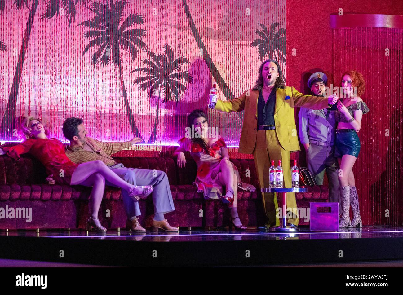 l-r: Sarah Dufresne (Frasquita), Pierre Doyen (Dancairo), Aigul Akhmetshina (Carmen), Kostas Smoriginas (Escamillo), Grisha Martirosyan (Morales), Gabriele Kupsyte (Mercedes) in CARMEN at the Royal Opera House, Covent Garden, London WC2  05/04/2024 music: Georges Bizet  libretto: Henri Meilhac & Ludovic Halevy  dramaturg: Elisa Zaninotto  conductor: Antonello Manacorda  set design: Paulo Fantin  costumes: Carla Teti  lighting: Alessandro Carletti  director: Damiano Michieletto Stock Photo