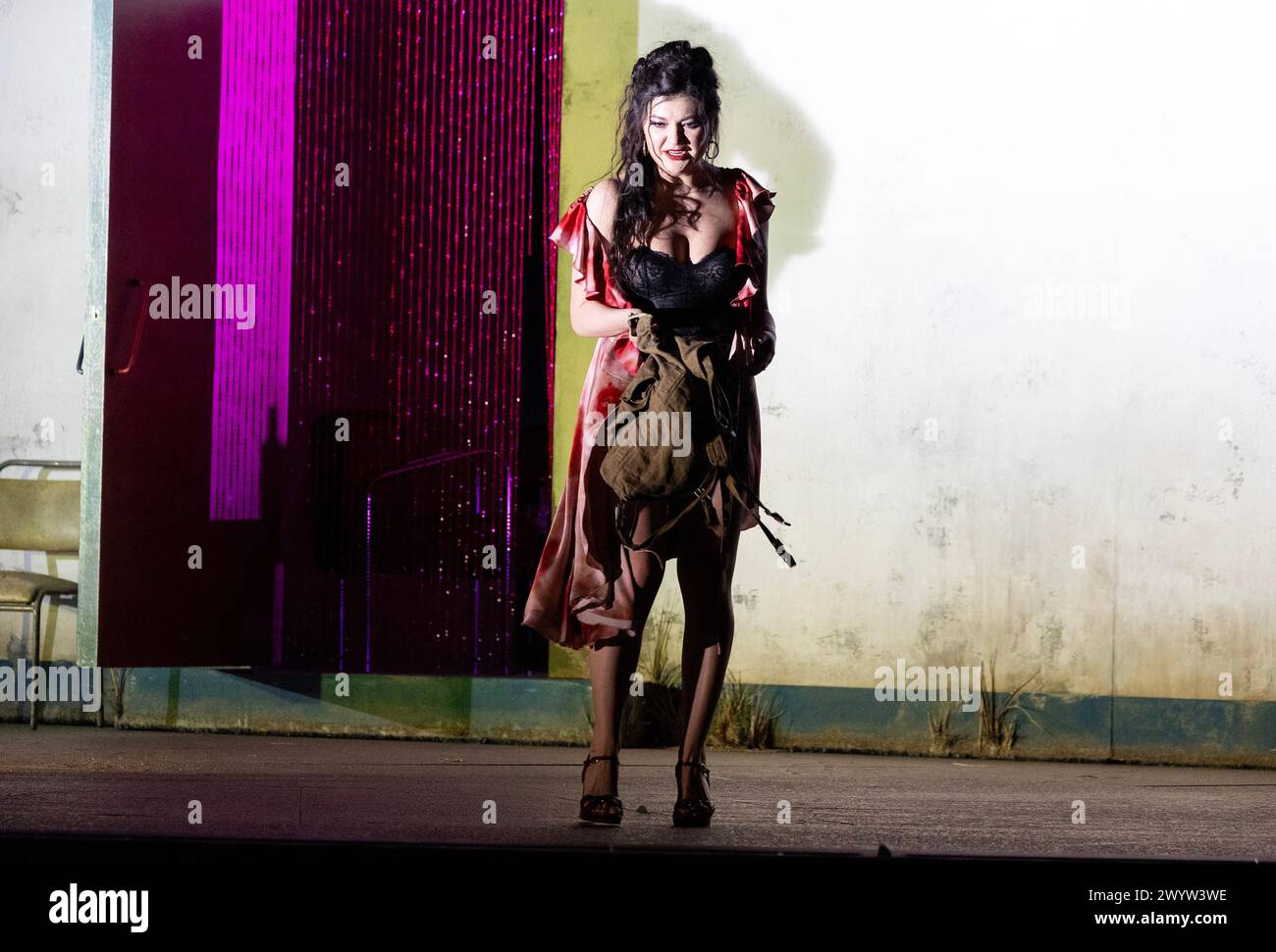 Aigul Akhmetshina (Carmen) in CARMEN at the Royal Opera House, Covent Garden, London WC2  05/04/2024 music: Georges Bizet  libretto: Henri Meilhac & Ludovic Halevy  dramaturg: Elisa Zaninotto  conductor: Antonello Manacorda  set design: Paulo Fantin  costumes: Carla Teti  lighting: Alessandro Carletti  director: Damiano Michieletto Stock Photo