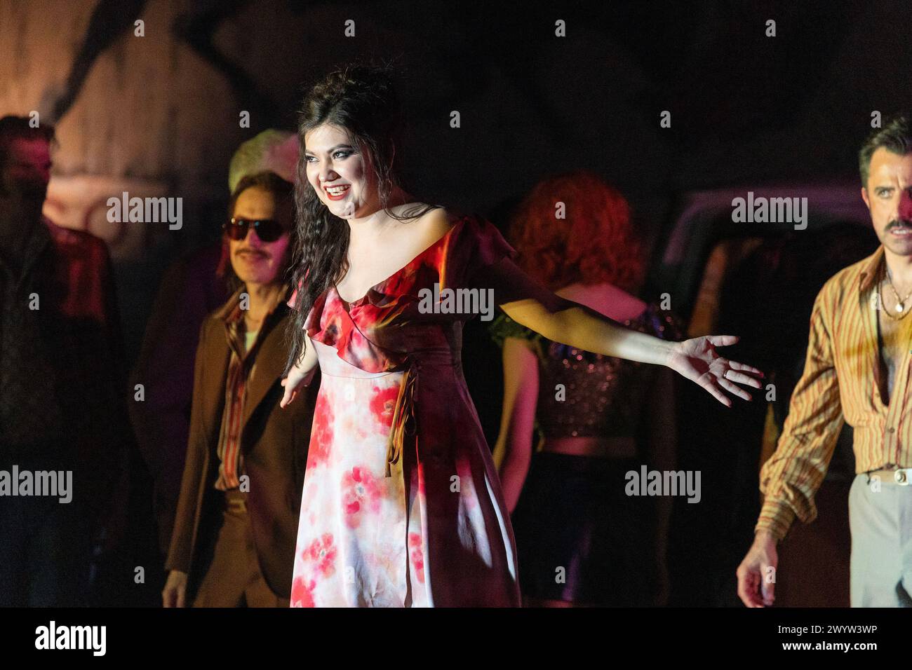 l-r: Vincent Ordonneau (Remendado), Aigul Akhmetshina (Carmen), Pierre Doyen (Dancairo) in CARMEN at the Royal Opera House, Covent Garden, London WC2  05/04/2024 music: Georges Bizet  libretto: Henri Meilhac & Ludovic Halevy  dramaturg: Elisa Zaninotto  conductor: Antonello Manacorda  set design: Paulo Fantin  costumes: Carla Teti  lighting: Alessandro Carletti  director: Damiano Michieletto Stock Photo