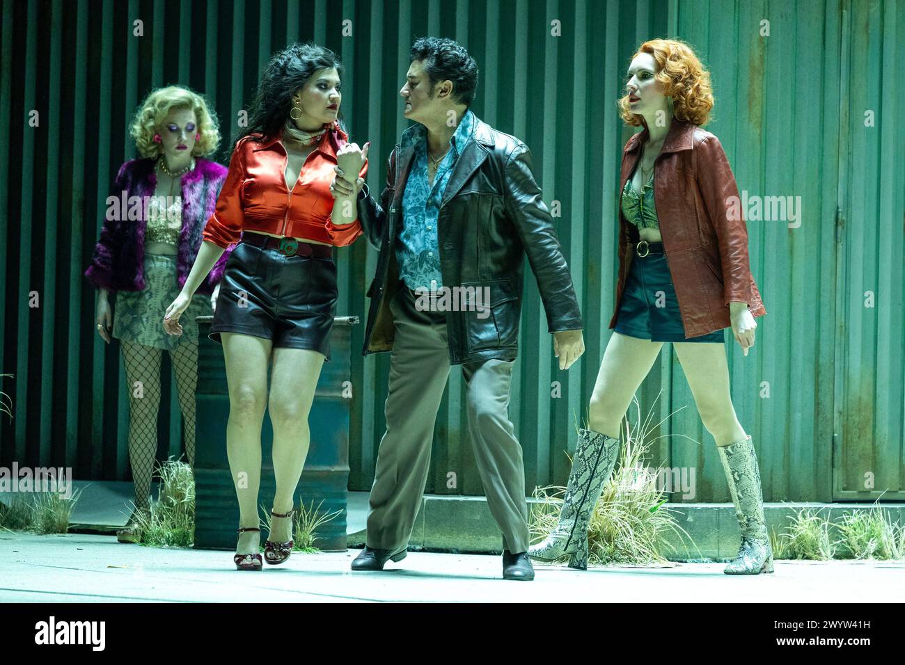 l-r: Sarah Dufresne (Frasquita), Aigul Akhmetshina (Carmen), Piotr Beczala (Don Jose), Gabriele Kupsyte (Mercedes) in CARMEN at the Royal Opera House, Covent Garden, London WC2  05/04/2024 music: Georges Bizet  libretto: Henri Meilhac & Ludovic Halevy  dramaturg: Elisa Zaninotto  conductor: Antonello Manacorda  set design: Paulo Fantin  costumes: Carla Teti  lighting: Alessandro Carletti  director: Damiano Michieletto Stock Photo