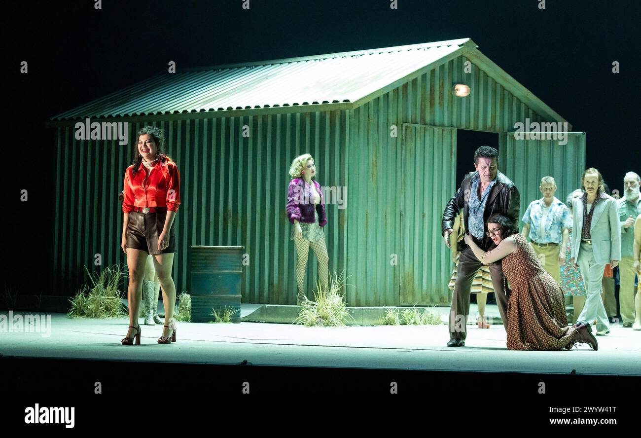 l-r: Aigul Akhmetshina (Carmen), Sarah Dufresne (Frasquita), Piotr Beczala (Don Jose), Olga Kulchynska (Micaela) in CARMEN at the Royal Opera House, Covent Garden, London WC2  05/04/2024 music: Georges Bizet  libretto: Henri Meilhac & Ludovic Halevy  dramaturg: Elisa Zaninotto  conductor: Antonello Manacorda  set design: Paulo Fantin  costumes: Carla Teti  lighting: Alessandro Carletti  director: Damiano Michieletto Stock Photo