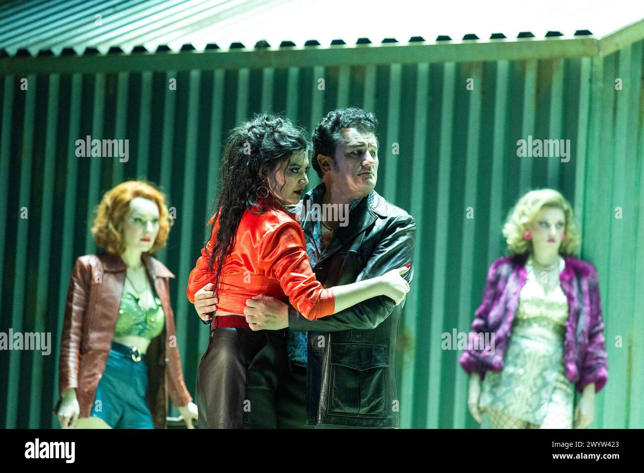 l-r: Gabriele Kupsyte (Mercedes), Aigul Akhmetshina (Carmen), Piotr Beczala (Don Jose), Sarah Dufresne (Frasquita) in CARMEN at the Royal Opera House, Covent Garden, London WC2  05/04/2024 music: Georges Bizet  libretto: Henri Meilhac & Ludovic Halevy  dramaturg: Elisa Zaninotto  conductor: Antonello Manacorda  set design: Paulo Fantin  costumes: Carla Teti  lighting: Alessandro Carletti  director: Damiano Michieletto Stock Photo