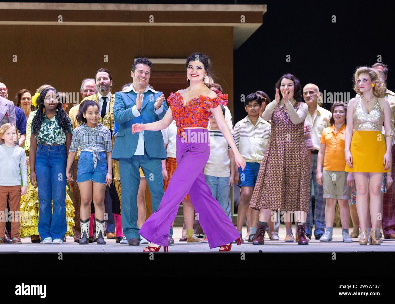 Piotr Beczala (Don Jose), Aigul Akhmetshina (Carmen) at the dress rehearsal curtain call for CARMEN at the Royal Opera House, Covent Garden, London WC2 on 02/04/2024 music: Georges Bizet  libretto: Henri Meilhac & Ludovic Halevy  dramaturg: Elisa Zaninotto  conductor: Antonello Manacorda  set design: Paulo Fantin  costumes: Carla Teti  lighting: Alessandro Carletti  director: Damiano Michieletto Stock Photo
