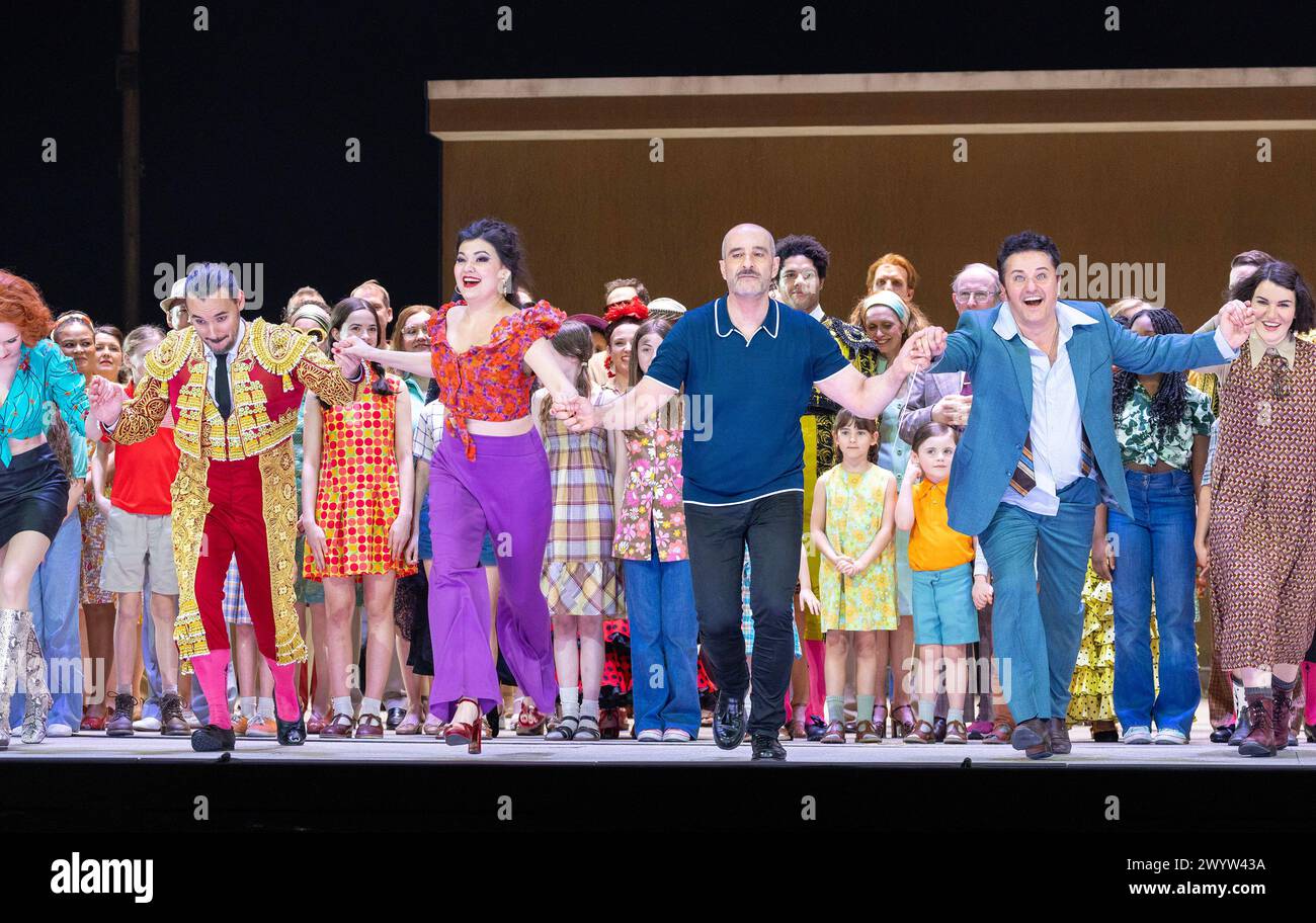 l-r: Gabriele Kupsyte (Mercedes), Kostas Smoriginas (Escamillo), Aigul Akhmetshina (Carmen), Antonello Manacorda (conductor), Piotr Beczala (Don Jose), Olga Kulchynska (Micaela) at the dress rehearsal curtain call for CARMEN at the Royal Opera House, Covent Garden, London WC2 on 02/04/2024 music: Georges Bizet  libretto: Henri Meilhac & Ludovic Halevy  dramaturg: Elisa Zaninotto  conductor: Antonello Manacorda  set design: Paulo Fantin  costumes: Carla Teti  lighting: Alessandro Carletti  director: Damiano Michieletto Stock Photo