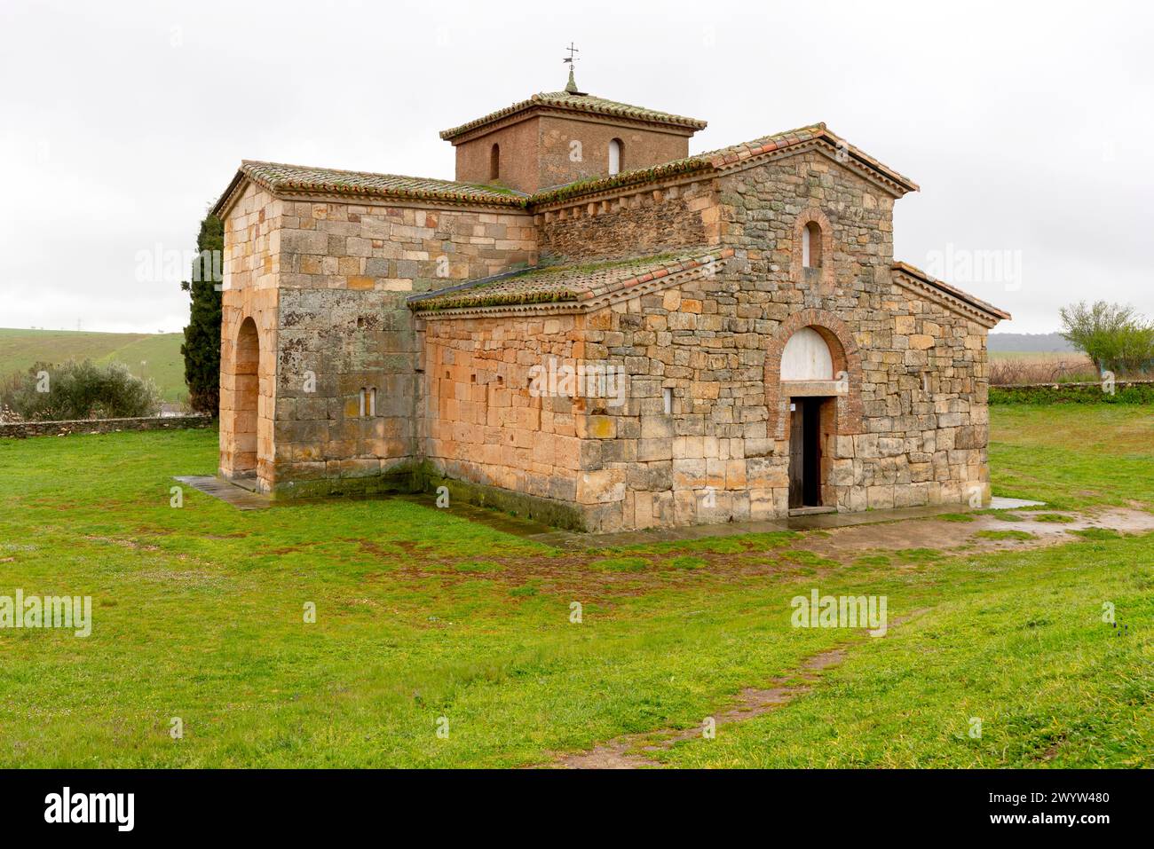 Exterior of the Visigothic church of  St. Peter of the Nave. St. Peter of the Nave (San Pedro de la Nave) is an church from 7th century in the provinc Stock Photo