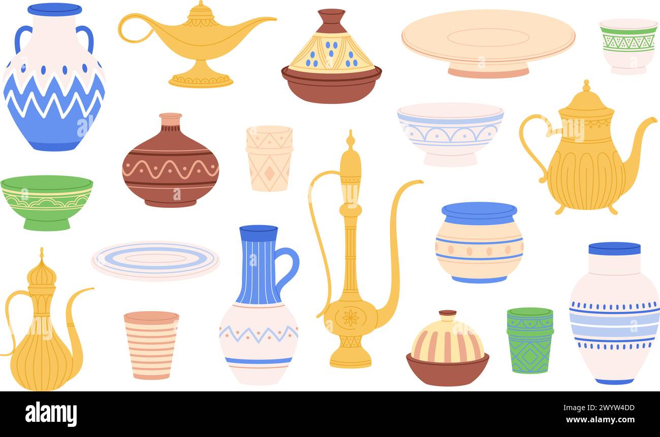 Arabic jugs and crockery. Moroccan saudi ancient lamp, decorated traditional plates, bowls and pots. Pottery arabian heritage, racy vector set Stock Vector