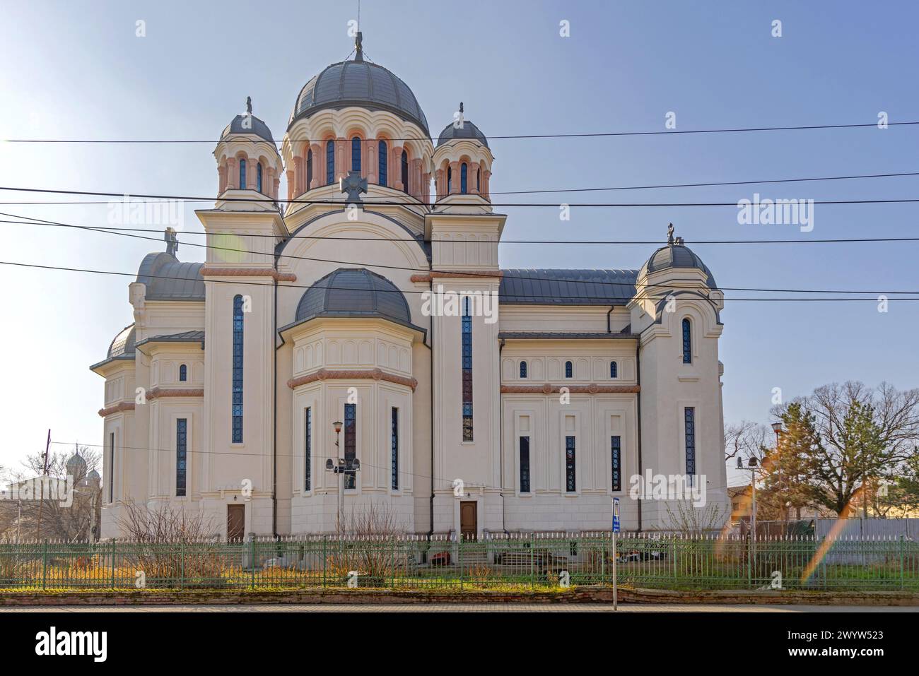 Craiova, Romania - March 16, 2024: Church of Madonna Dudu Building at Town Park Spring Day. Stock Photo