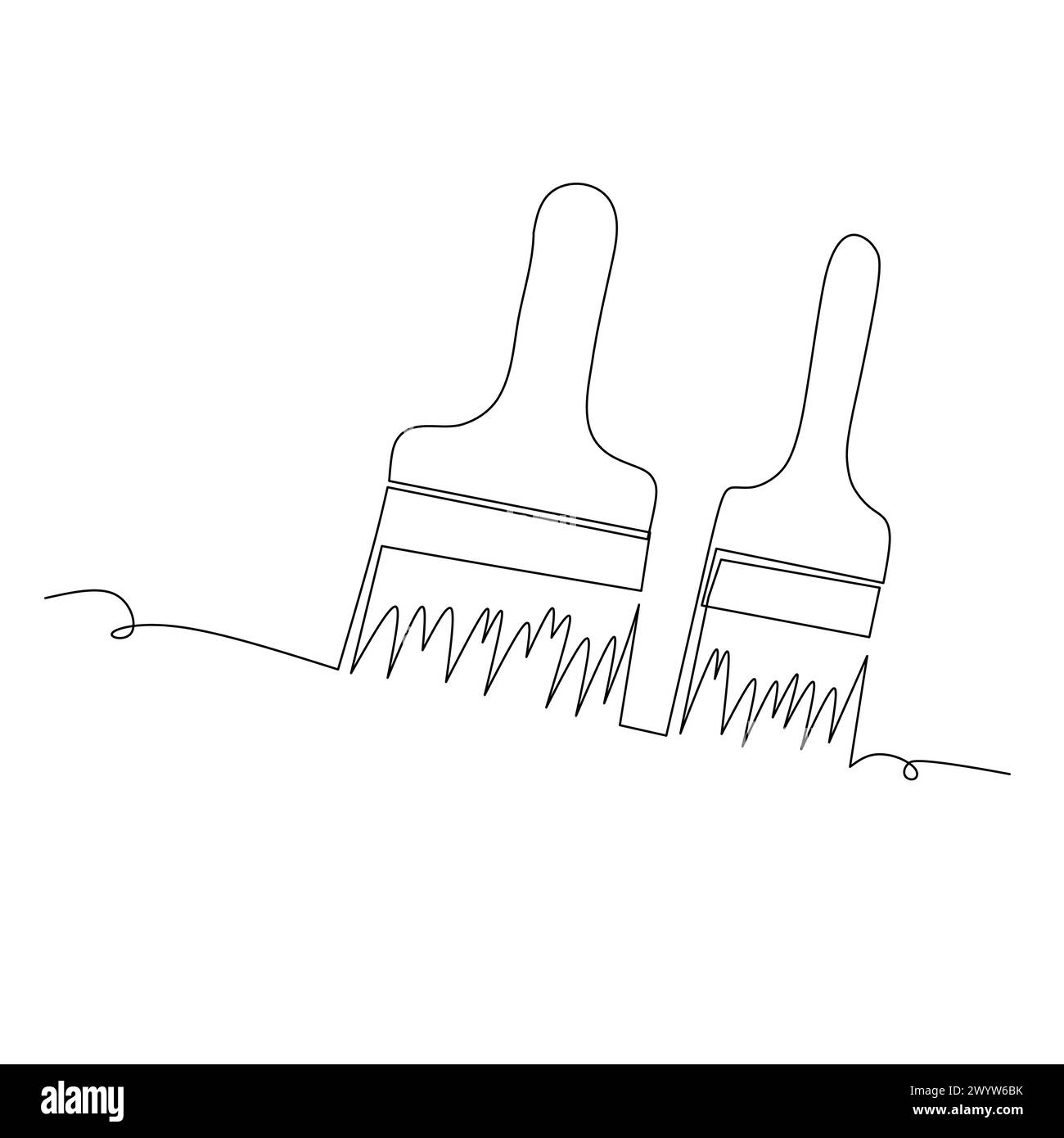 A pair of paint brushes continuous line drawing and simple hand drawn style vector design element. Illustration for industrial and construction Stock Vector