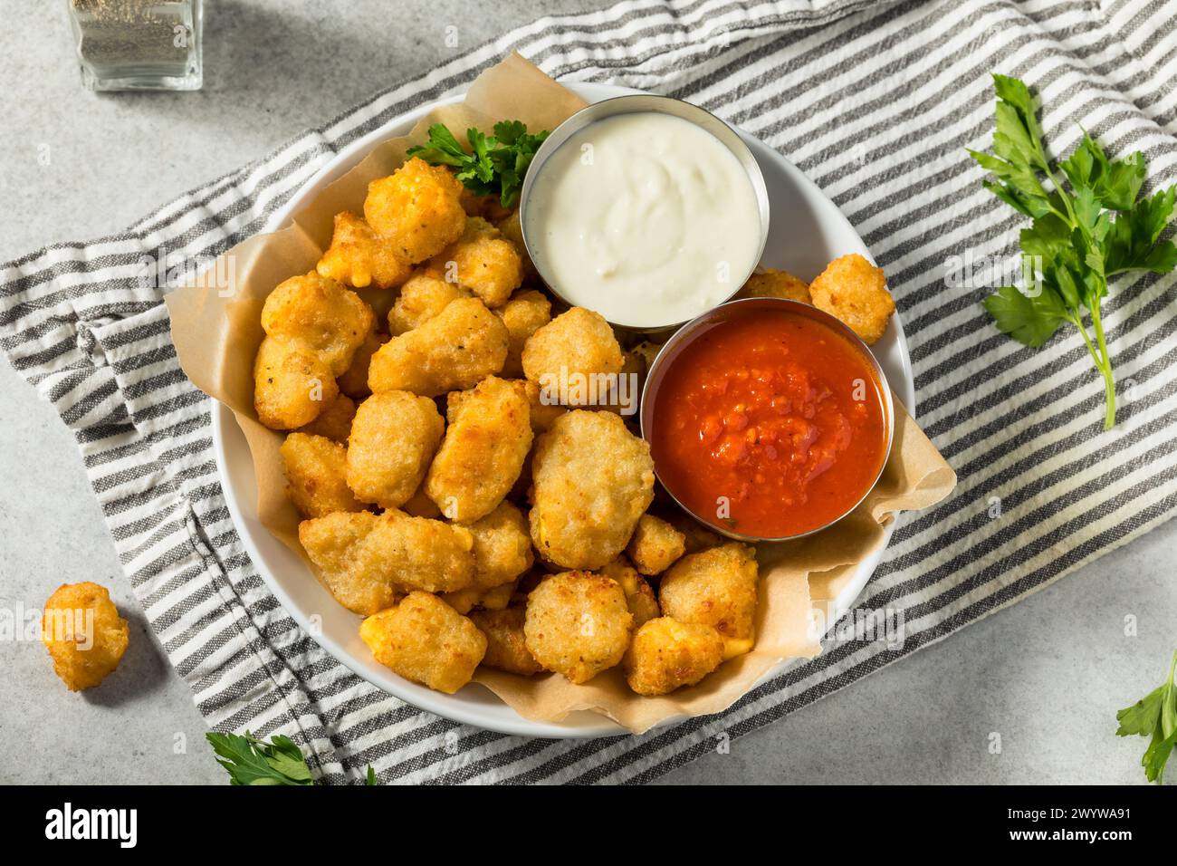 Homemade Deep Fried Wisconsin Cheese Curds with Dipping Sauce Stock