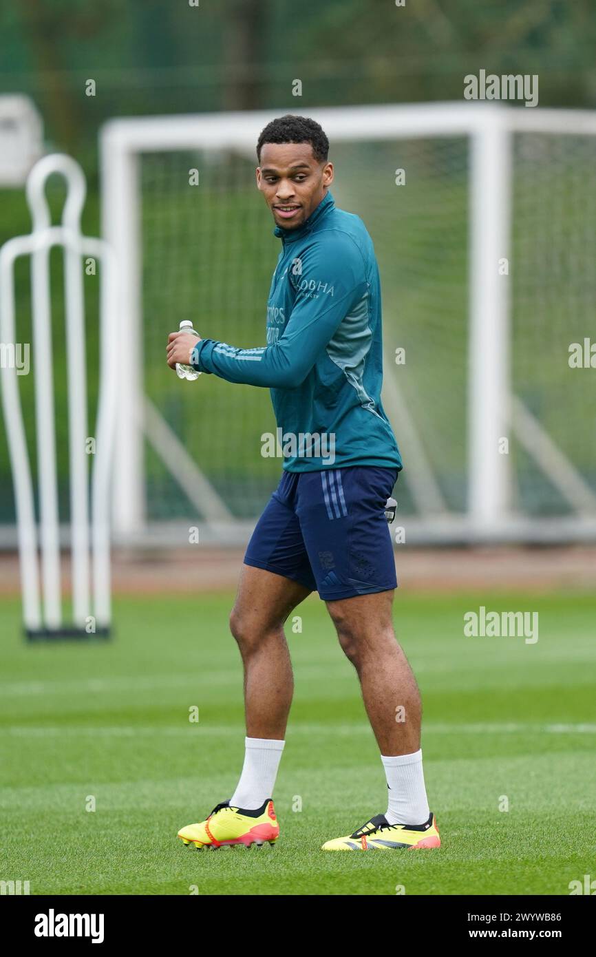 London Colney, UK. 08th Apr, 2024. Jurrien Timber of Arsenal during the Arsenal team training session ahead of the UEFA Champions League Quarter-Final 1st leg football match against Bayern Munich at Arsenal FC Training Centre, London Colney, England, United Kingdom on 8 April 2024 Credit: Every Second Media/Alamy Live News Stock Photo