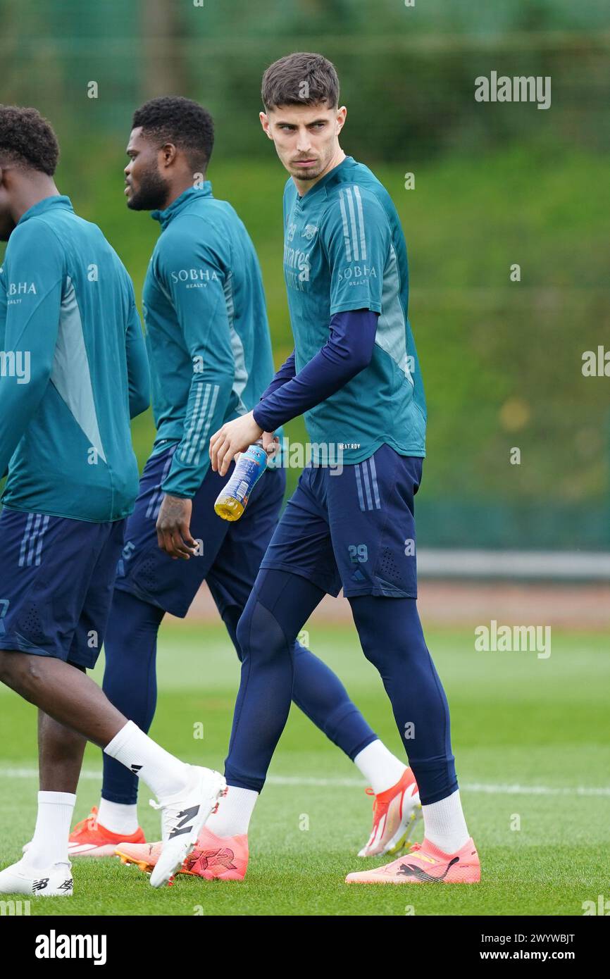 London Colney, UK. 08th Apr, 2024. Kai Havertz of Arsenal during the Arsenal team training session ahead of the UEFA Champions League Quarter-Final 1st leg football match against Bayern Munich at Arsenal FC Training Centre, London Colney, England, United Kingdom on 8 April 2024 Credit: Every Second Media/Alamy Live News Stock Photo