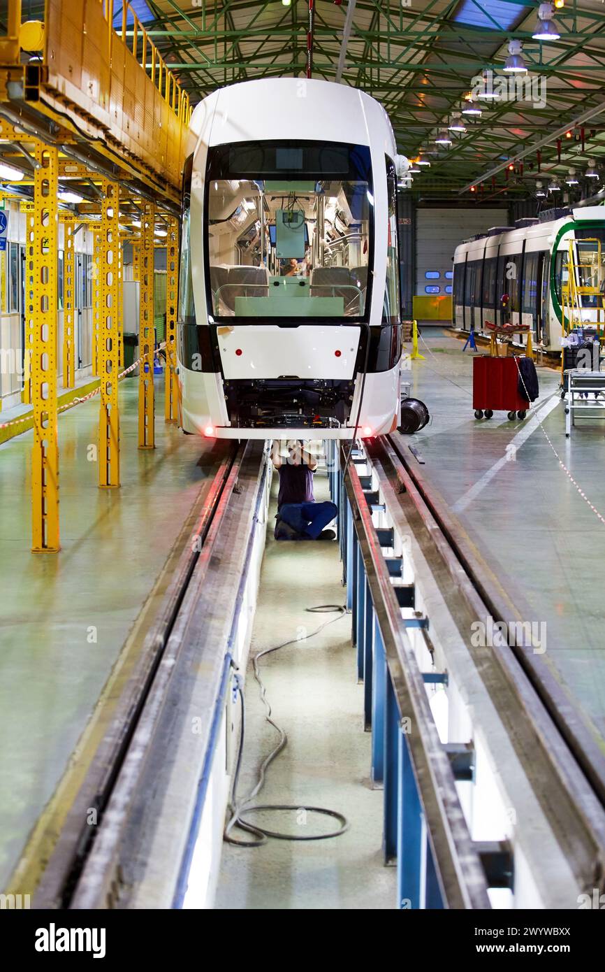 Assembly workshop trams. Manufacture of trains. Stock Photo