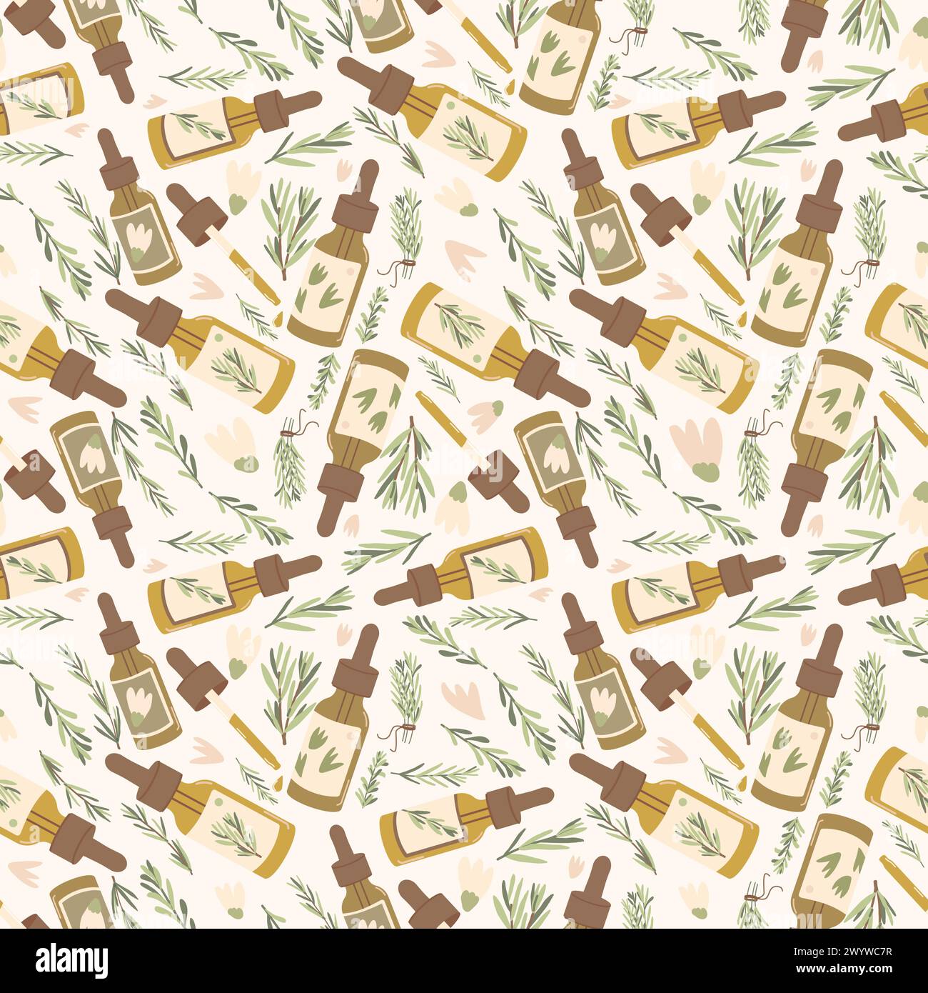 Essential oil seamless pattern. Amber glass dropper bottle of oil with fresh herb branch green leaves and flowers repeat background. Aromatherapy endl Stock Vector