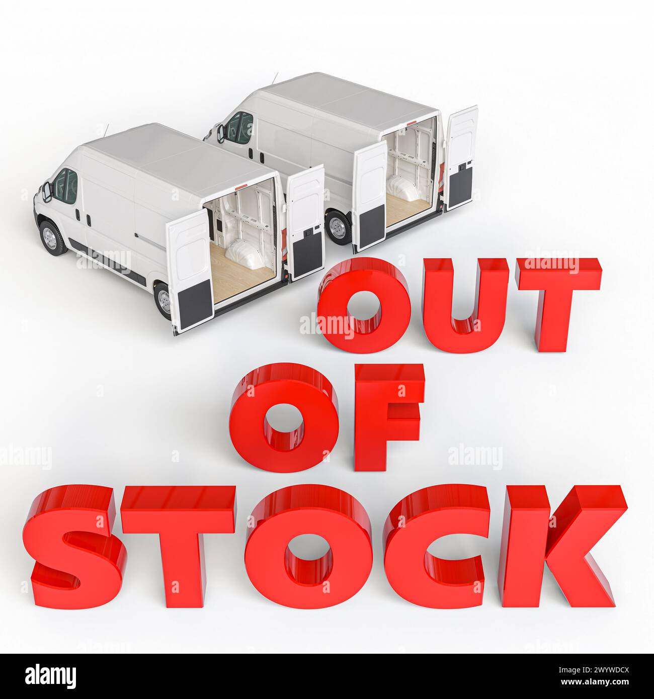 delivery vans alongside out of stock text. 3d render Stock Photo