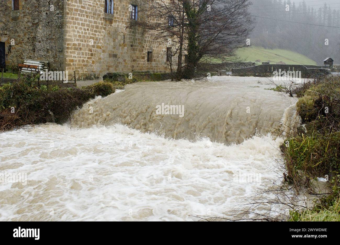 Freshet caused by heavy rains at Urola River. Guipúzcoa. Spain. Stock Photo