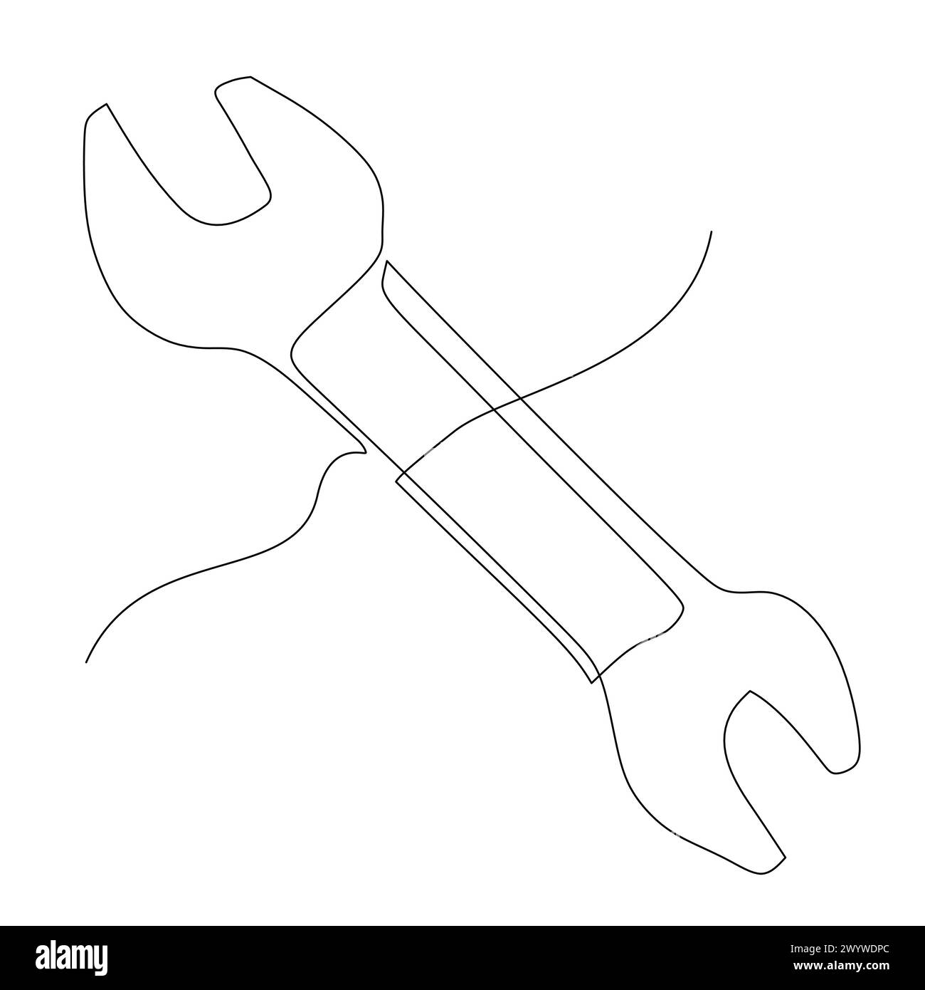 Continuous line drawing of a wrench. Tools for fastening or loosen nuts or bolt. Simple flat hand drawn style vector for tool in engineering and const Stock Vector