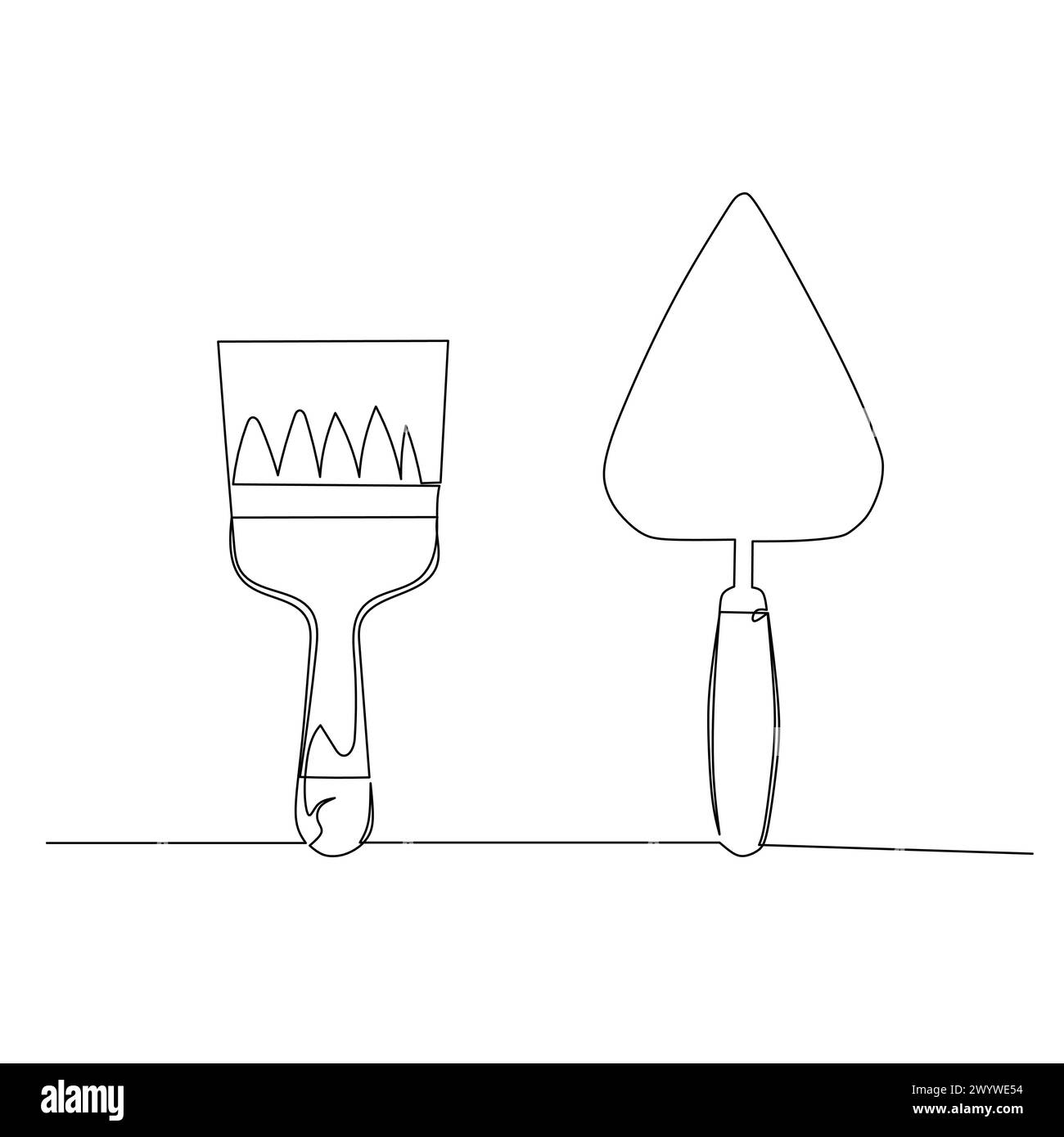 Continuous line drawing of a paint brush and plastering trowel. Simple flat hand drawn style vector for tool in engineering and construction Stock Vector
