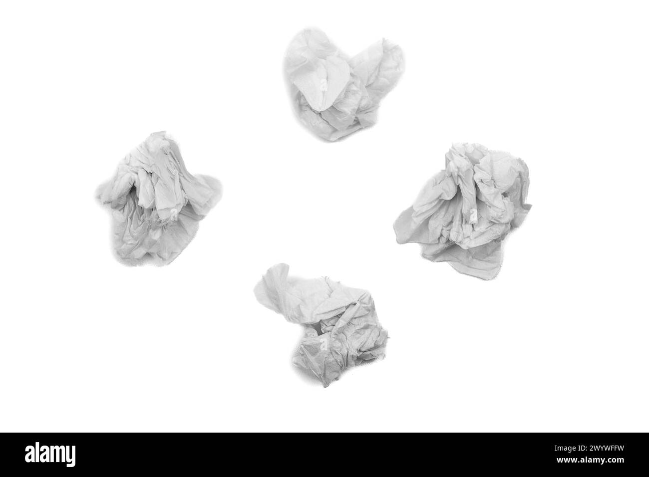 Set of crumpled tissue paper. Used screwed paper tissue isolated on white background. Personal hygiene Stock Photo