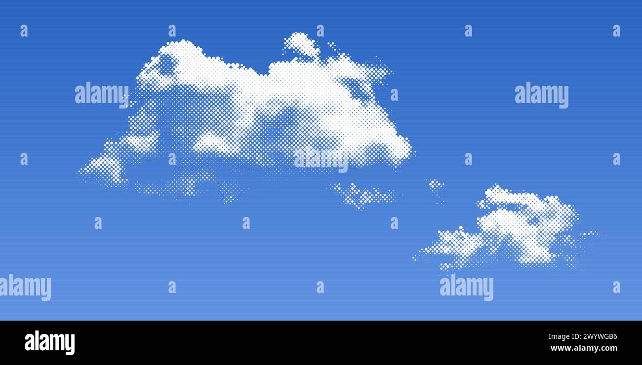 Raster clouds in the blue sky. Halftone white smoke with texture on ...