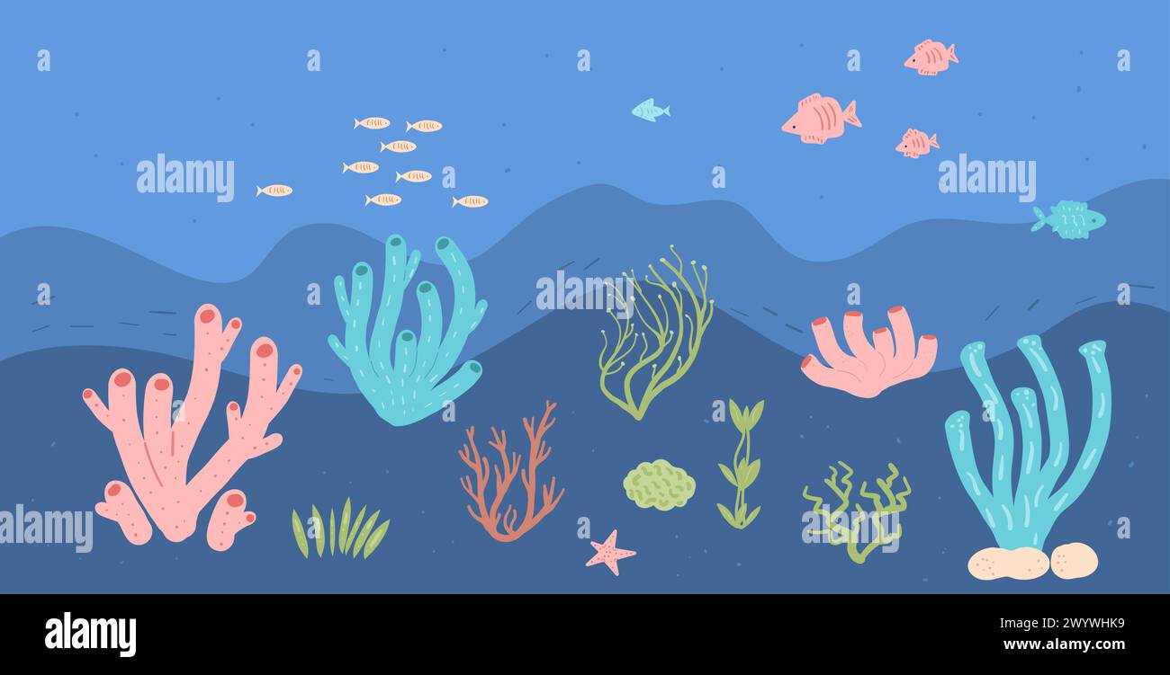 Coral reef and seaweed with fish background. Sea underwater elements ...