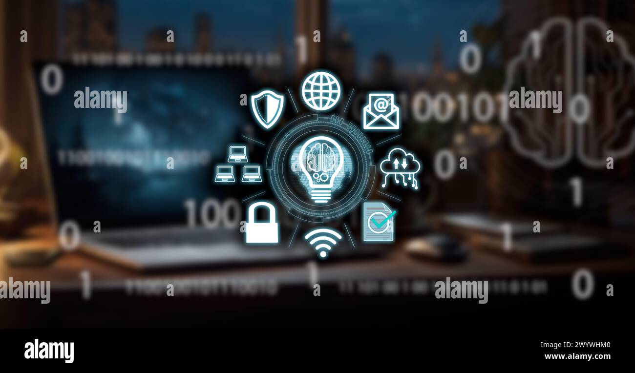 artificial intelligence and data storage concept. light bulb and brain hologram with icons on an out of focus office background Stock Photo