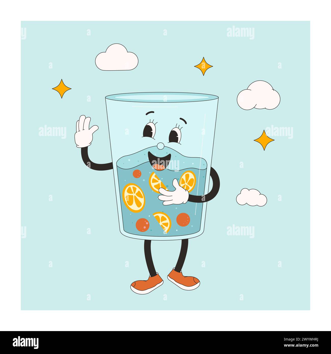 Water with citrus glass retro cartoon character card. drink rubber hose animation style groovy mascot. Wellness vector flat banner illustration. Stock Vector
