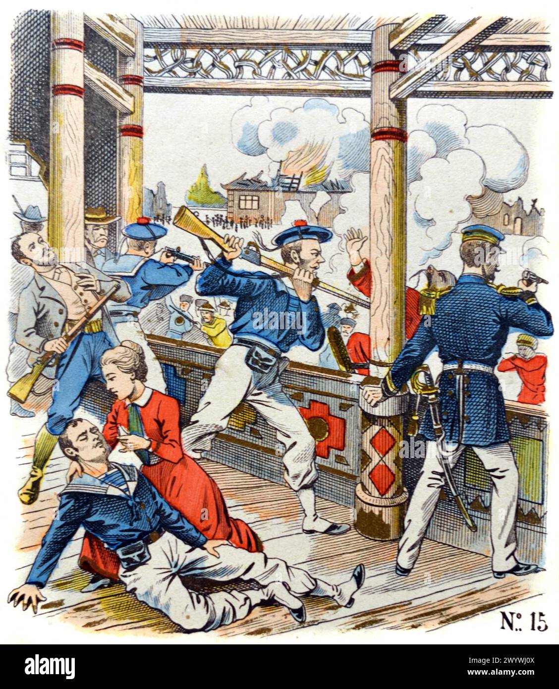 European or French Soldiers Defend Themselves Aainst a Chinese Attack during the Boxer Rebellion aka the Boxer Uprising, Boxer Insurrection, Boxer Movement, Boxer Insurrection or Yihetuan Movement Peking China (1899-1901). Vintage or Historic Coloured Engraving or Illustration, early c20th. Stock Photo