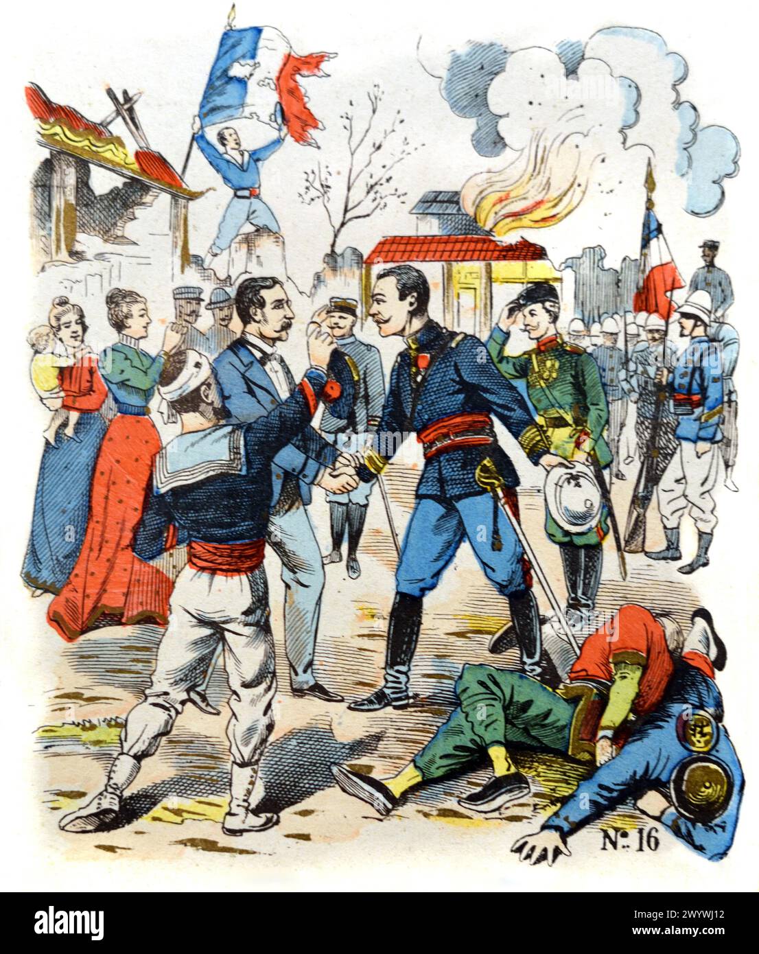 Retaking, Capture or Recapture of Peking China on 14 August 1900 by French Army or French Forces during the Boxer Rebellion aka the Boxer Uprising, Boxer Insurrection, Boxer Movement, Boxer Insurrection or Yihetuan Movement Peking China (1899-1901). Vintage or Historic Coloured Engraving or Illustration, early c20th. Stock Photo
