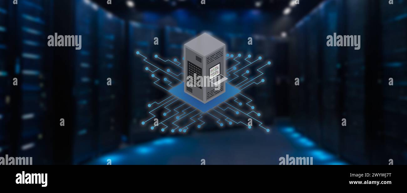 icon of computer server in the network on blurred background of servers ...
