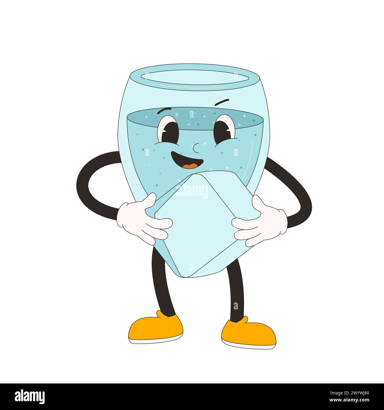 Water glass retro cartoon mascots. Drink rubber hose animation style groovy characters holding ice cube in hands. Wellness vector flat illustration is Stock Vector